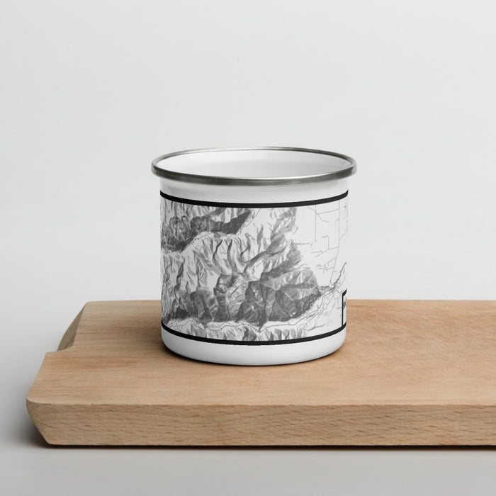 Front View Custom Mount Princeton Colorado Map Enamel Mug in Classic on Cutting Board