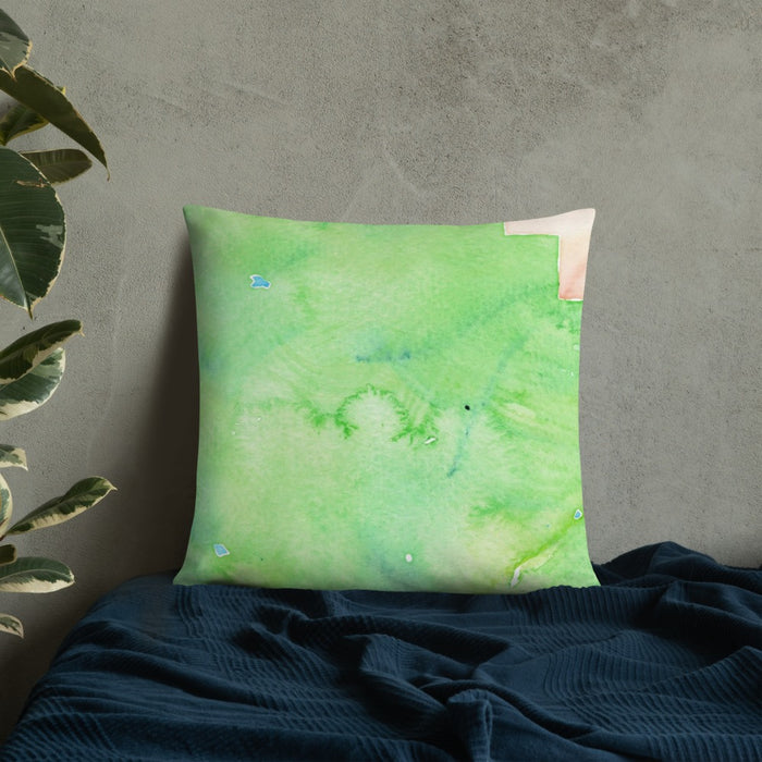 Custom Mount Princeton Colorado Map Throw Pillow in Watercolor on Bedding Against Wall