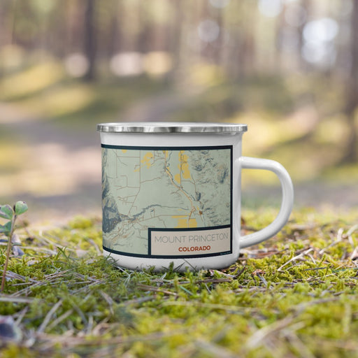 Right View Custom Mount Princeton Colorado Map Enamel Mug in Woodblock on Grass With Trees in Background