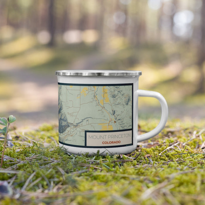 Right View Custom Mount Princeton Colorado Map Enamel Mug in Woodblock on Grass With Trees in Background