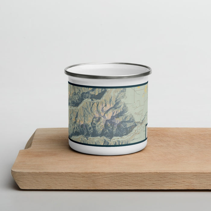 Front View Custom Mount Princeton Colorado Map Enamel Mug in Woodblock on Cutting Board