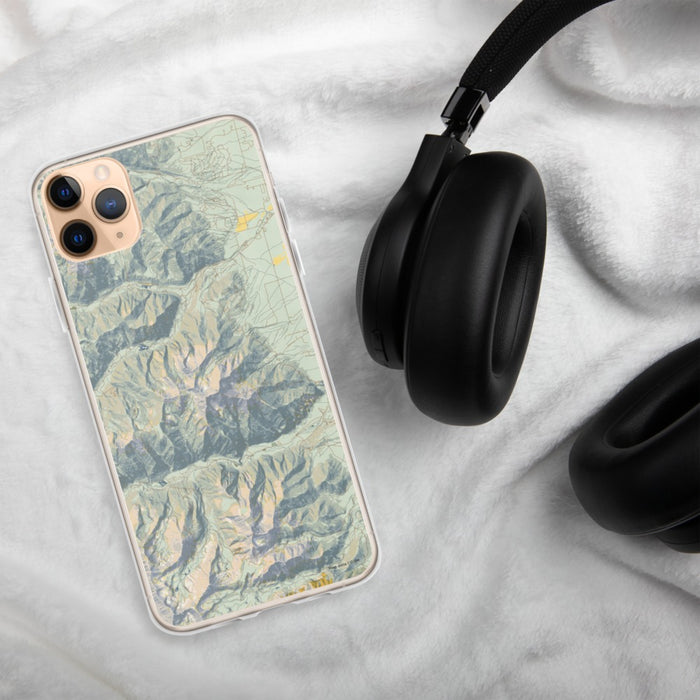 Custom Mount Princeton Colorado Map Phone Case in Woodblock on Table with Black Headphones