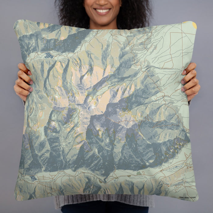 Person holding 22x22 Custom Mount Princeton Colorado Map Throw Pillow in Woodblock
