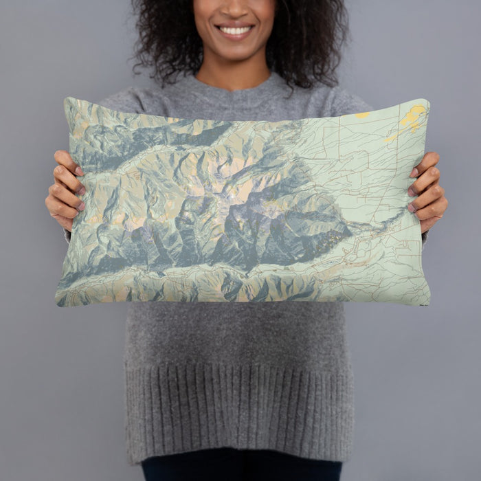 Person holding 20x12 Custom Mount Princeton Colorado Map Throw Pillow in Woodblock