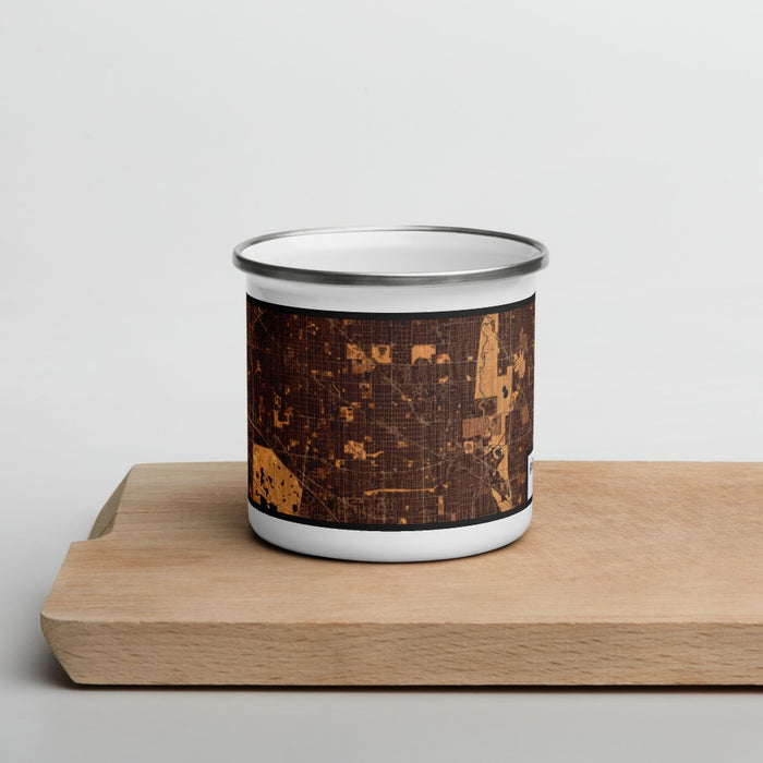 Front View Custom Mount Prospect Illinois Map Enamel Mug in Ember on Cutting Board