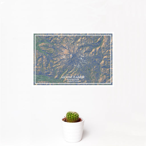 12x18 Mount Rainier Washington Map Print Landscape Orientation in Afternoon Style With Small Cactus Plant in White Planter