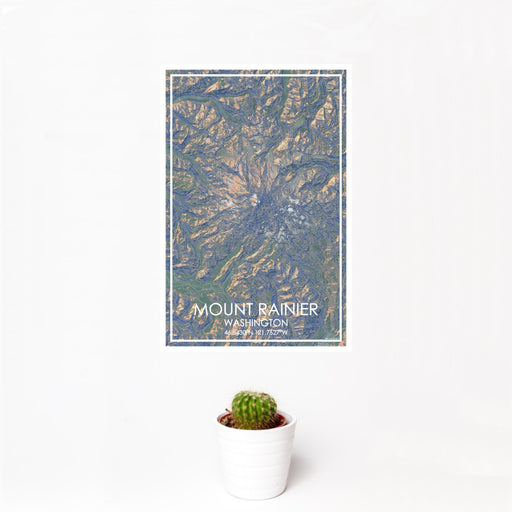 12x18 Mount Rainier Washington Map Print Portrait Orientation in Afternoon Style With Small Cactus Plant in White Planter