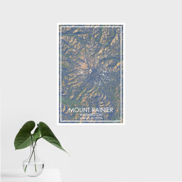 16x24 Mount Rainier Washington Map Print Portrait Orientation in Afternoon Style With Tropical Plant Leaves in Water