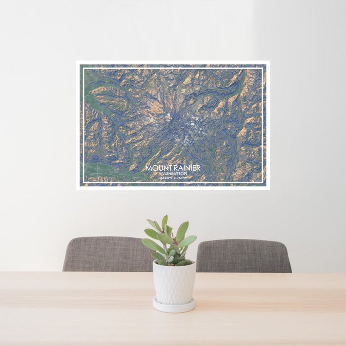 24x36 Mount Rainier Washington Map Print Lanscape Orientation in Afternoon Style Behind 2 Chairs Table and Potted Plant
