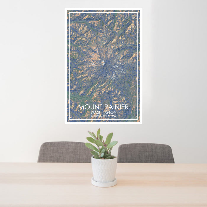 24x36 Mount Rainier Washington Map Print Portrait Orientation in Afternoon Style Behind 2 Chairs Table and Potted Plant