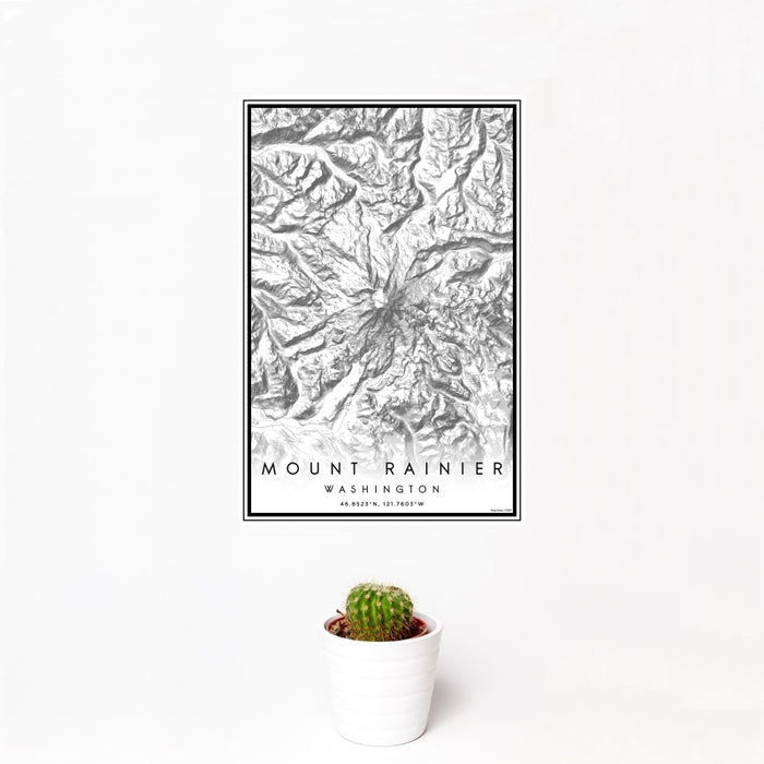 12x18 Mount Rainier Washington Map Print Portrait Orientation in Classic Style With Small Cactus Plant in White Planter