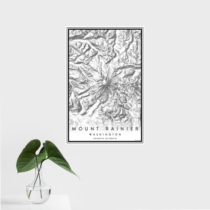 16x24 Mount Rainier Washington Map Print Portrait Orientation in Classic Style With Tropical Plant Leaves in Water
