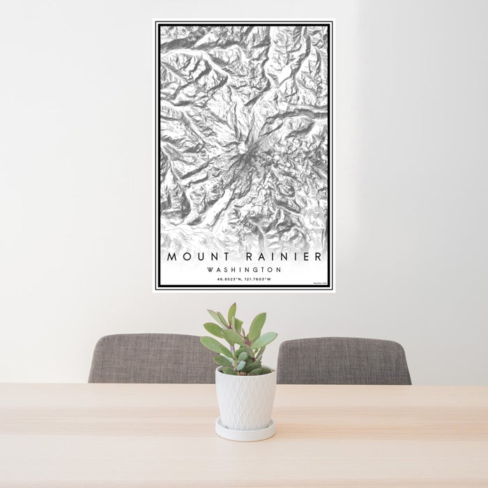 24x36 Mount Rainier Washington Map Print Portrait Orientation in Classic Style Behind 2 Chairs Table and Potted Plant