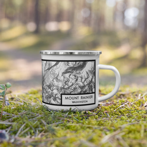 Right View Custom Mount Rainier Washington Map Enamel Mug in Classic on Grass With Trees in Background