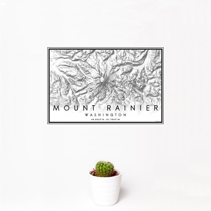 12x18 Mount Rainier Washington Map Print Landscape Orientation in Classic Style With Small Cactus Plant in White Planter