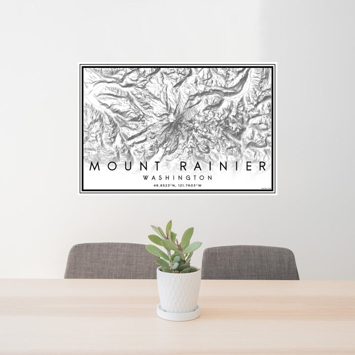 24x36 Mount Rainier Washington Map Print Landscape Orientation in Classic Style Behind 2 Chairs Table and Potted Plant
