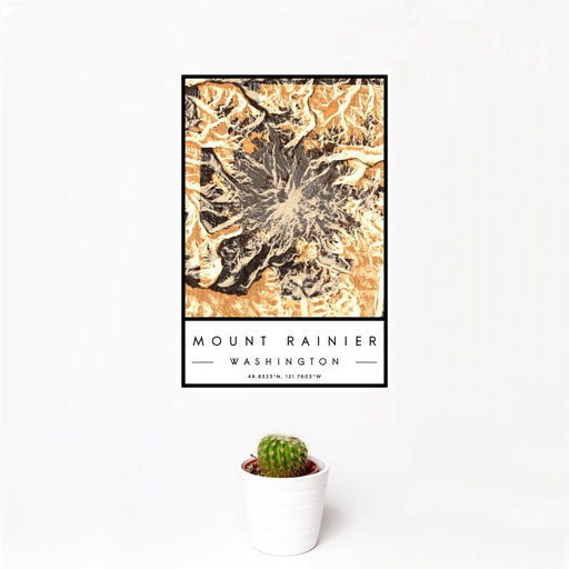 12x18 Mount Rainier Washington Map Print Portrait Orientation in Ember Style With Small Cactus Plant in White Planter