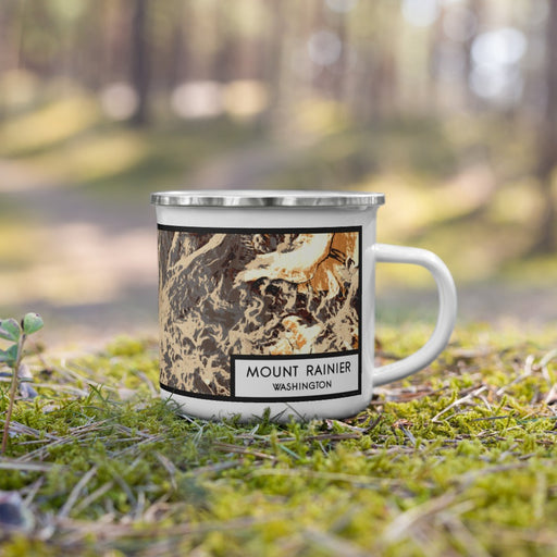 Right View Custom Mount Rainier Washington Map Enamel Mug in Ember on Grass With Trees in Background