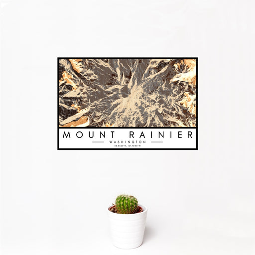 12x18 Mount Rainier Washington Map Print Landscape Orientation in Ember Style With Small Cactus Plant in White Planter