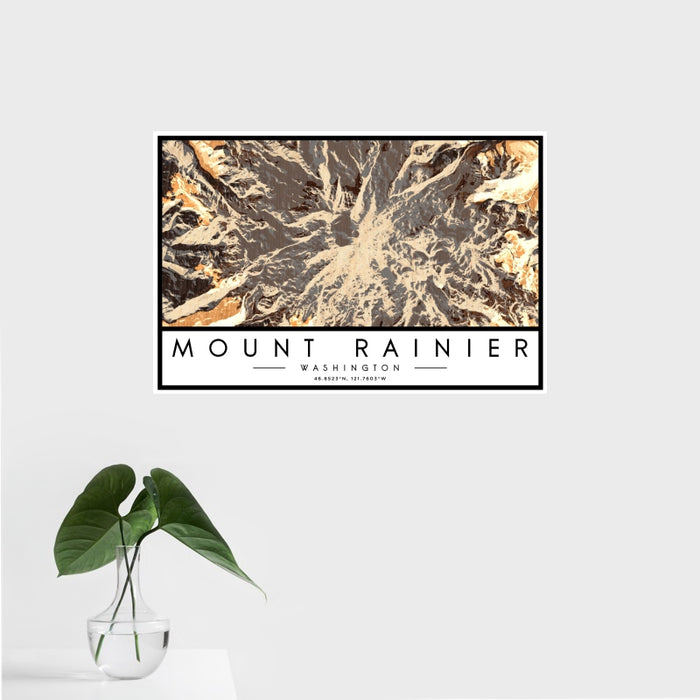 16x24 Mount Rainier Washington Map Print Landscape Orientation in Ember Style With Tropical Plant Leaves in Water