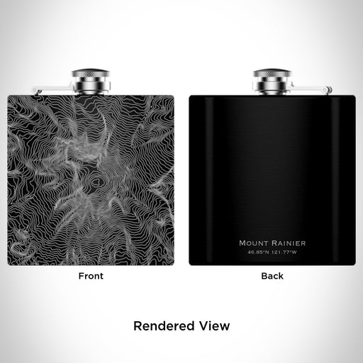 Rendered View of Mount Rainier Washington Map Engraving on 6oz Stainless Steel Flask in Black