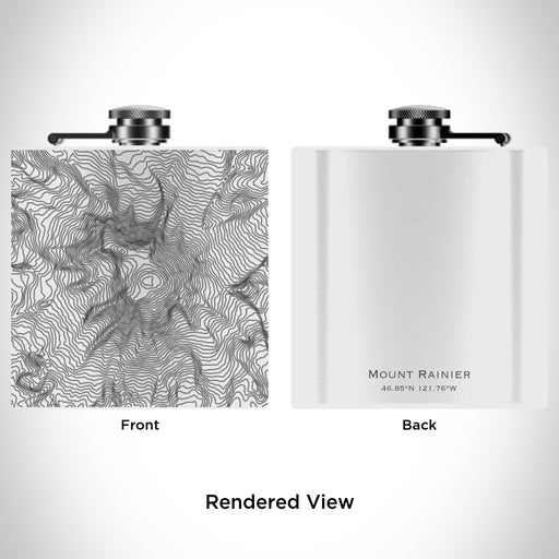 Rendered View of Mount Rainier Washington Map Engraving on 6oz Stainless Steel Flask in White