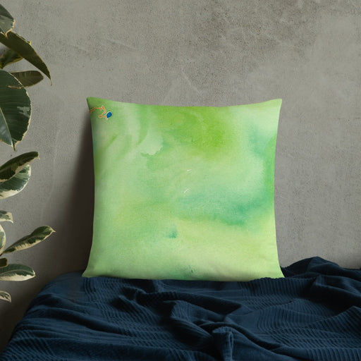 Custom Mount Rainier Washington Map Throw Pillow in Watercolor on Bedding Against Wall