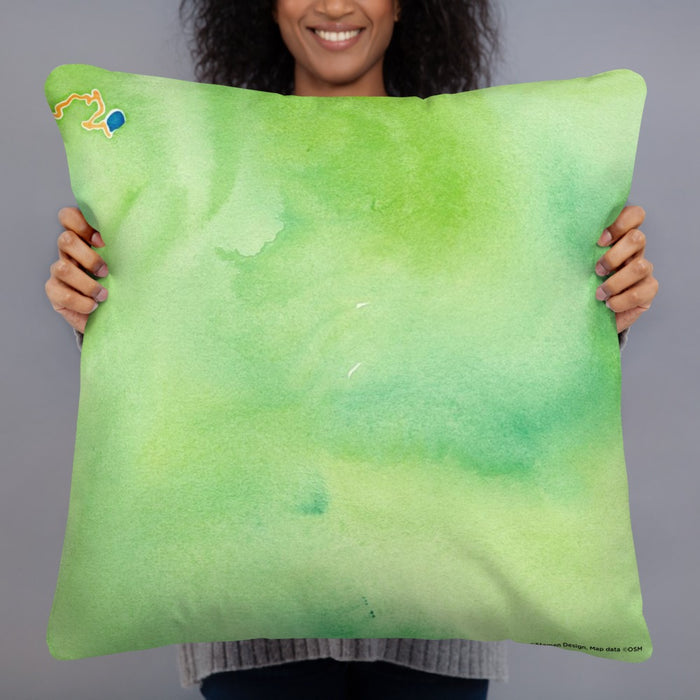 Person holding 22x22 Custom Mount Rainier Washington Map Throw Pillow in Watercolor