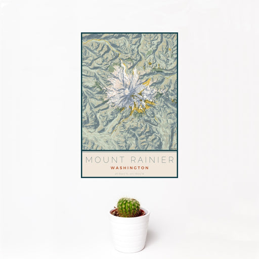 12x18 Mount Rainier Washington Map Print Portrait Orientation in Woodblock Style With Small Cactus Plant in White Planter