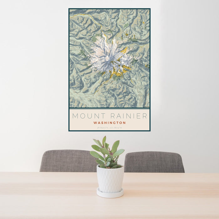 24x36 Mount Rainier Washington Map Print Portrait Orientation in Woodblock Style Behind 2 Chairs Table and Potted Plant