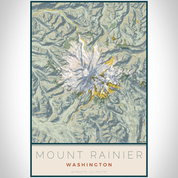 Mount Rainier Washington Map Print Portrait Orientation in Woodblock Style With Shaded Background