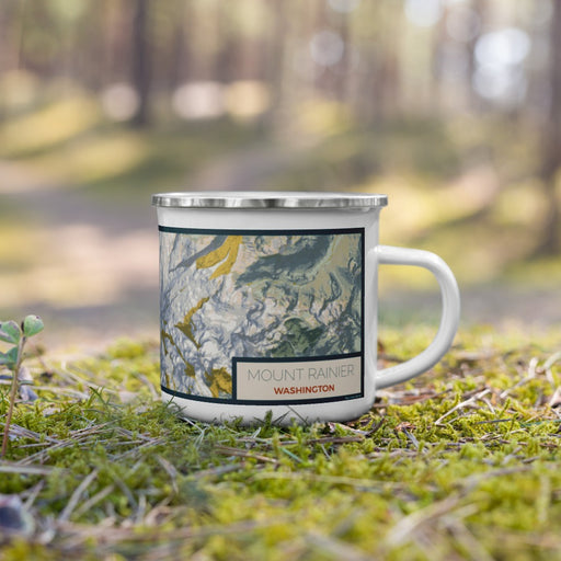 Right View Custom Mount Rainier Washington Map Enamel Mug in Woodblock on Grass With Trees in Background