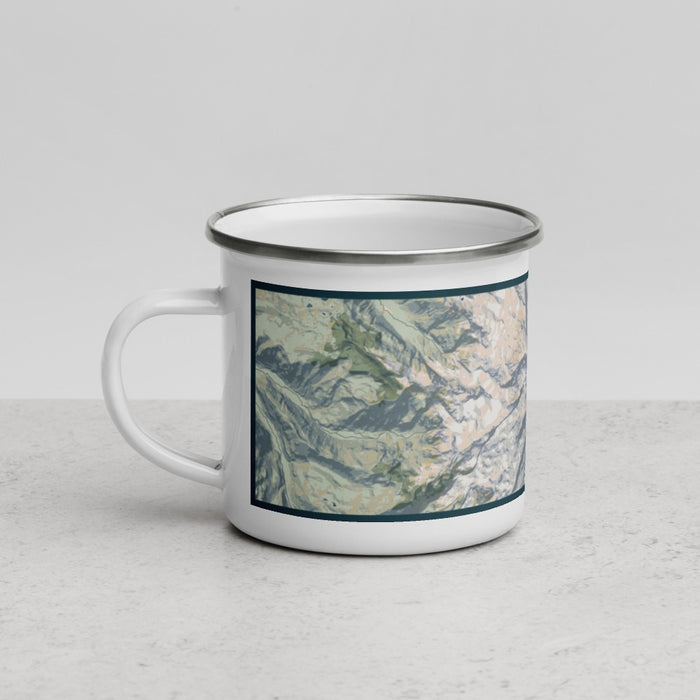 Left View Custom Mount Rainier Washington Map Enamel Mug in Woodblock