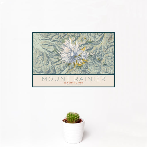 12x18 Mount Rainier Washington Map Print Landscape Orientation in Woodblock Style With Small Cactus Plant in White Planter