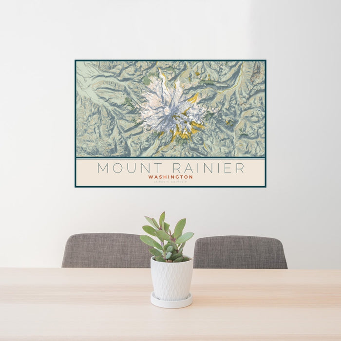 24x36 Mount Rainier Washington Map Print Landscape Orientation in Woodblock Style Behind 2 Chairs Table and Potted Plant