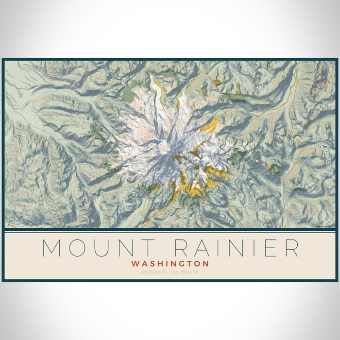 Mount Rainier Washington Map Print Landscape Orientation in Woodblock Style With Shaded Background