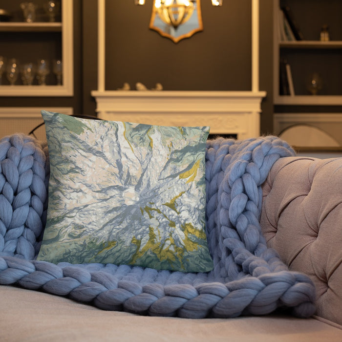 Custom Mount Rainier Washington Map Throw Pillow in Woodblock on Cream Colored Couch