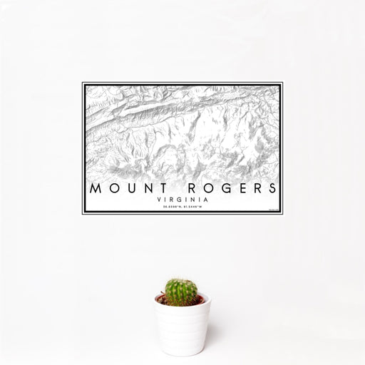12x18 Mount Rogers Virginia Map Print Landscape Orientation in Classic Style With Small Cactus Plant in White Planter