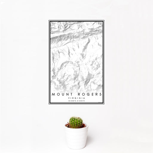 12x18 Mount Rogers Virginia Map Print Portrait Orientation in Classic Style With Small Cactus Plant in White Planter
