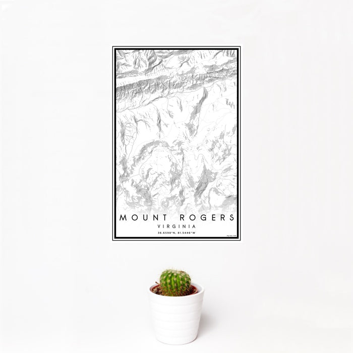 12x18 Mount Rogers Virginia Map Print Portrait Orientation in Classic Style With Small Cactus Plant in White Planter