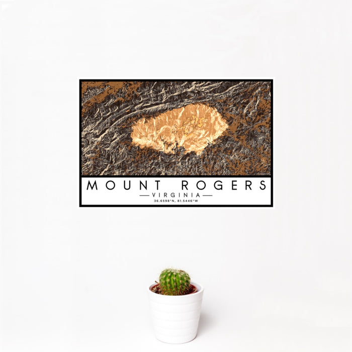 12x18 Mount Rogers Virginia Map Print Landscape Orientation in Ember Style With Small Cactus Plant in White Planter