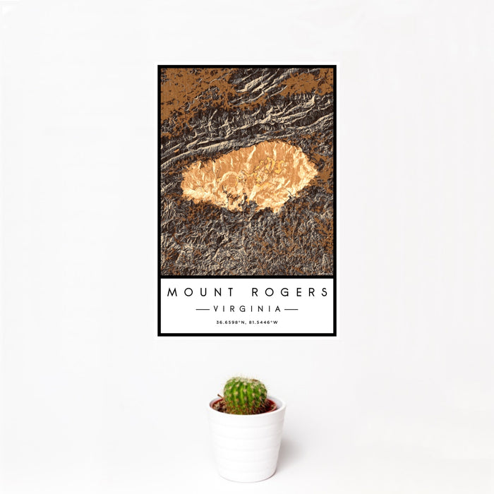 12x18 Mount Rogers Virginia Map Print Portrait Orientation in Ember Style With Small Cactus Plant in White Planter