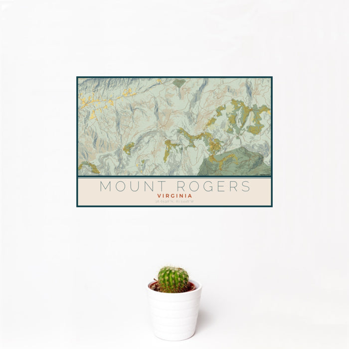 12x18 Mount Rogers Virginia Map Print Landscape Orientation in Woodblock Style With Small Cactus Plant in White Planter