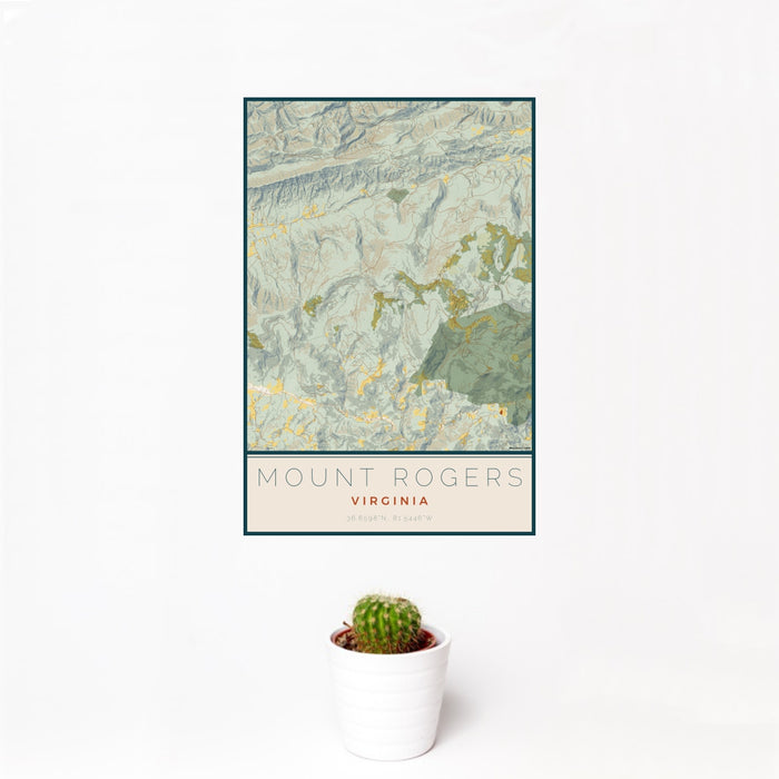 12x18 Mount Rogers Virginia Map Print Portrait Orientation in Woodblock Style With Small Cactus Plant in White Planter