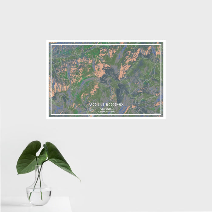 16x24 Mount Rogers Virginia Map Print Landscape Orientation in Afternoon Style With Tropical Plant Leaves in Water