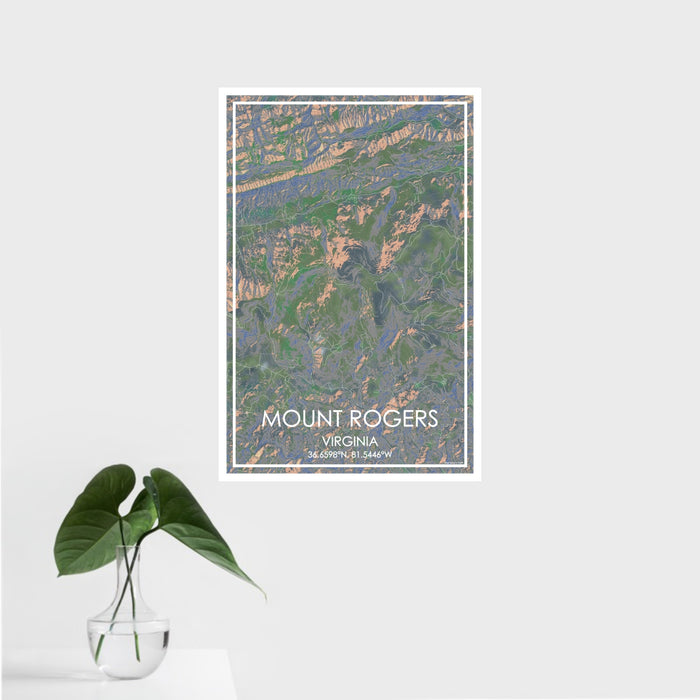 16x24 Mount Rogers Virginia Map Print Portrait Orientation in Afternoon Style With Tropical Plant Leaves in Water