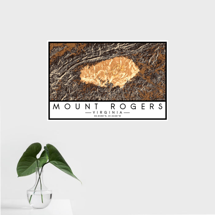 16x24 Mount Rogers Virginia Map Print Landscape Orientation in Ember Style With Tropical Plant Leaves in Water
