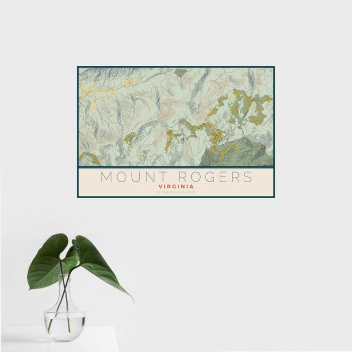 16x24 Mount Rogers Virginia Map Print Landscape Orientation in Woodblock Style With Tropical Plant Leaves in Water