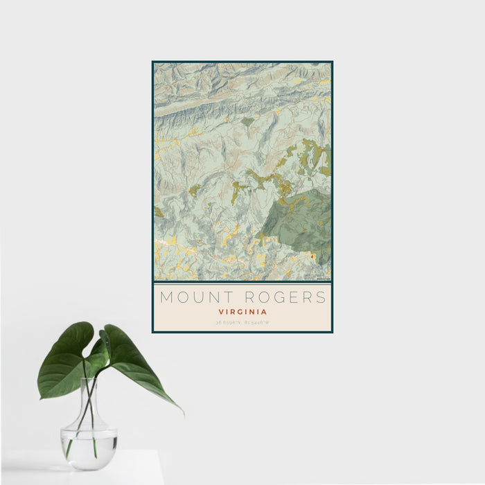 16x24 Mount Rogers Virginia Map Print Portrait Orientation in Woodblock Style With Tropical Plant Leaves in Water