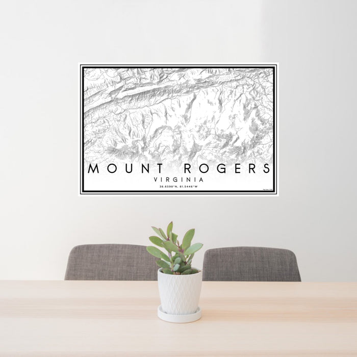 24x36 Mount Rogers Virginia Map Print Lanscape Orientation in Classic Style Behind 2 Chairs Table and Potted Plant